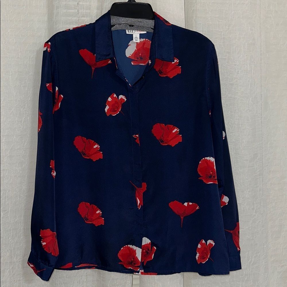 IMPULSE L Navy Red Poppy Floral Print Long Sleeve Collared Blouse